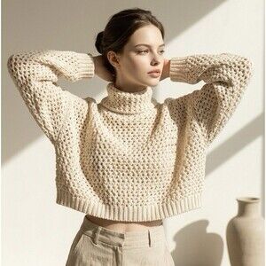 Free People Women’s M Boxy Oversized Sweater Beige Cropped Turtleneck Cotton